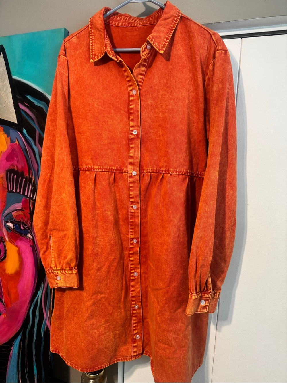 Vibrant Washed Burnt Orange Button-Up Shirt Dress 2X - Picture 2 of 6